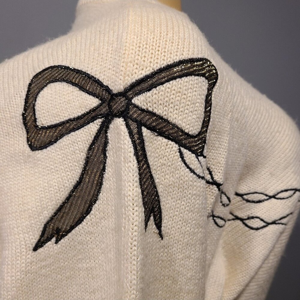 Vintage Bow Sweater Womens Holiday Gilded Gold Cream Wool Blend Size Large - Picture 7 of 10